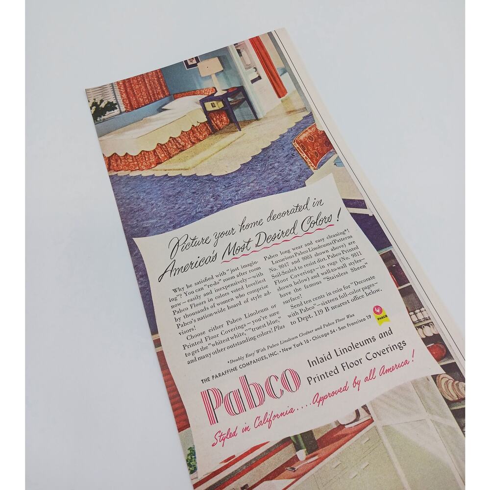 Vtg 1949 Pabco Inlaid Linoleums Painted Floor Covering Luminall Print Ad Kitchen